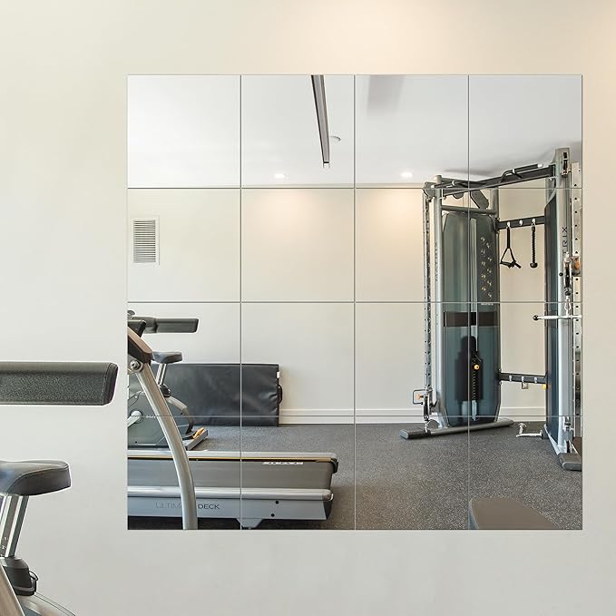 Delma Home Gym Mirrors, 12'' x 12'' Glass Mirror Tiles (16 PCS), Square Large Wall Mirror for Home Gym, Bedroom, Door,Bathroom, Frameless Mirror Sets