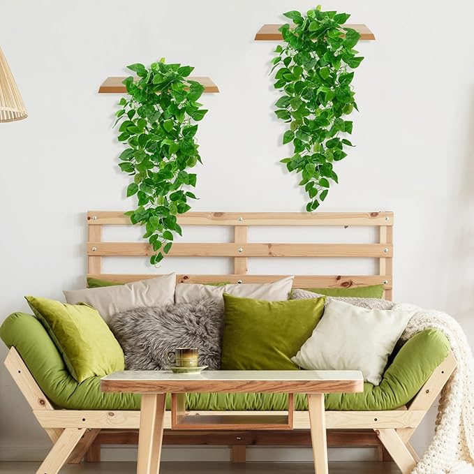BLEUM CADE 4Pcs Fake Hanging Plants, 9 Branch Artificial Hanging Plant, Lush Faux Pothos Vines for Home Room Wall Shelf Porch Outdoor Indoor Decor (No Baskets)