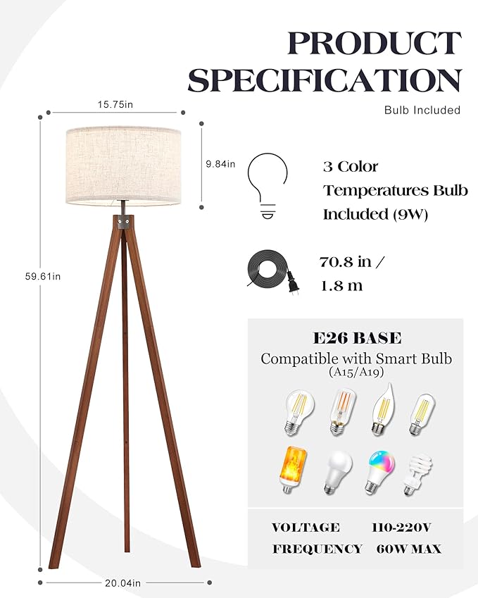 ELYONA Solid Wood Tripod Floor Lamp with 3 Color Temperatures LED Bulb, Mid Century Modern Reading Standing Light Nature Linen Shade Tall Night Light for Bedroom Living Room Office Study Room, Brown
