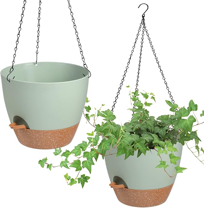 Hanging Planters for Indoor Outdoor Plants, 2 Pack Self Watering Hanging Pot with Drainage Holes & Removable Tray (Green, 10'')