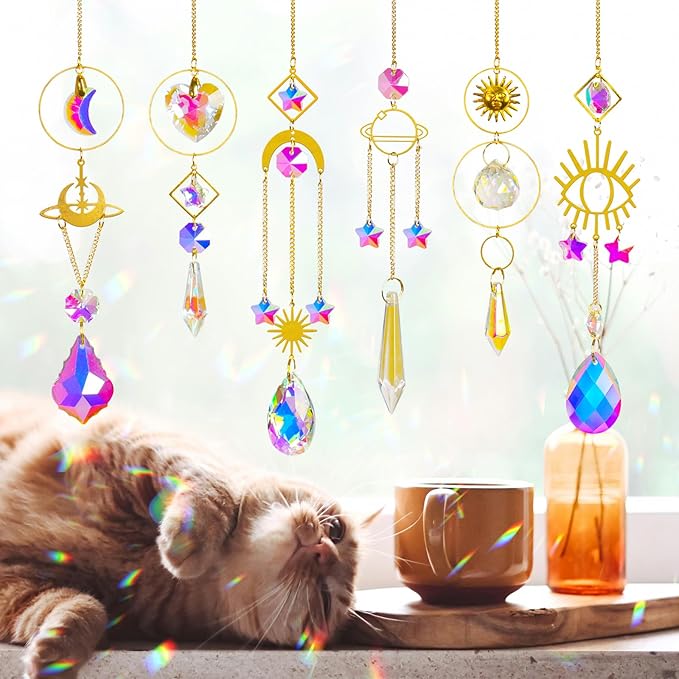 Sun Catchers 6Pieces Colorful Crystals Suncatcher with Chain Pendant Ornaments Hanging Crystals Prism Rainbow for Window Home Indoor Outdoor Car Mirror Garden Christmas Day Party
