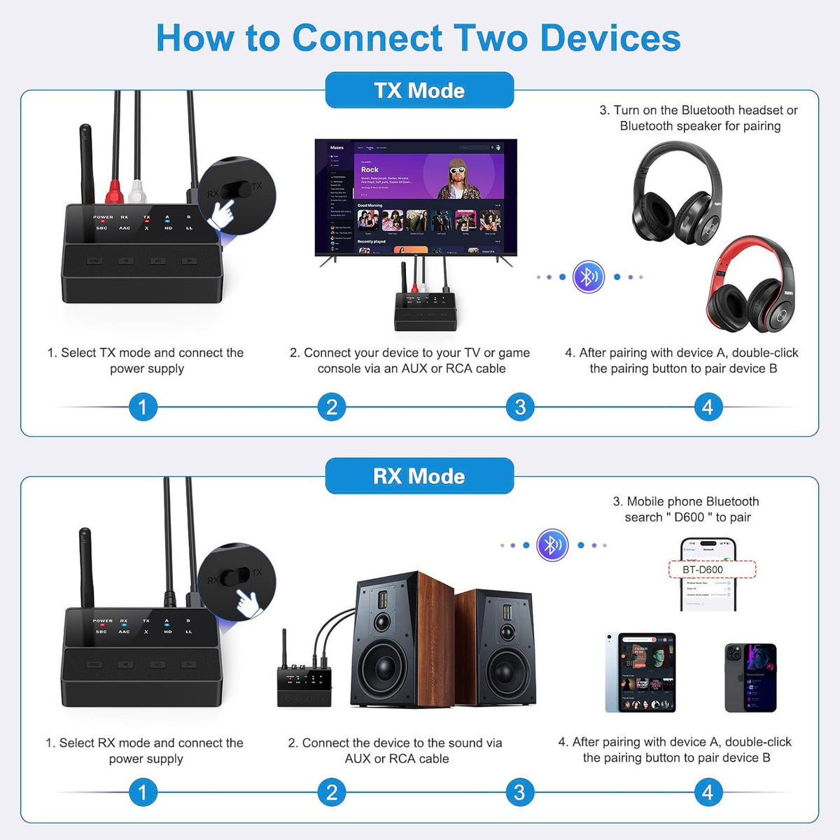 Criacr 5.3 2 1 2 Bluetooth Audio Adapter, Bluetooth AUX Adapter, in Transmitter Receiver with aptX Low Latency