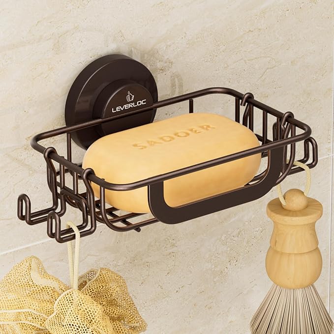 LEVERLOC Soap Holder Dish with Hooks for Shower, Bar Suction Cup Soap Tray Wall Mounted, Rustproof Stainless Steel Sponge Holder Caddy for Bathroom Bathtub Kitchen Sink, Brown