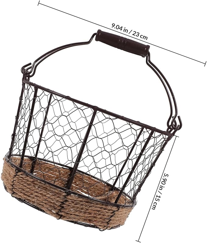 Housoutil Iron Wire Storage Basket with Handle Vintage Small round Metal Organizer Basket for Fruit Vegetable and Desktop Sundries for Home Storage and Decoration