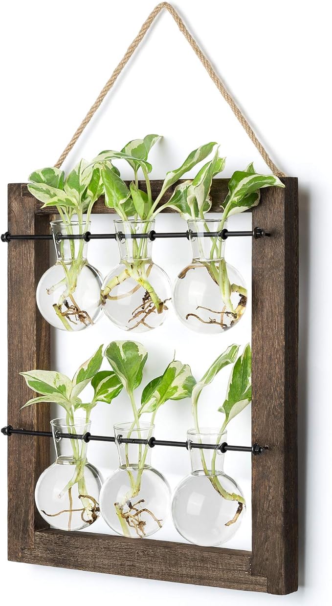 Mkono Propagation Station Wall Hanging Glass Planter, Flower Bulb Vase Plant Terrarium with Retro Wooden Stand Double Layer for Hydroponics Plants Home Garden Office Decor