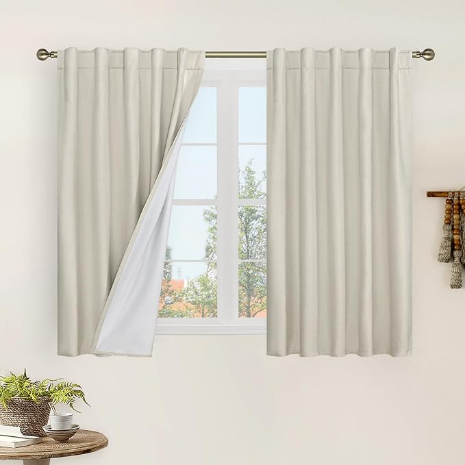LAMIT Natural 100% Blackout Linen Curtains, 45 Inches Linen Textured Thermal Bedroom Curtains Back Tab and Rod Pocket Neutral Panels with White Liner for Farmhouse, 2 Panels, 42 x 45 Inch, Stone