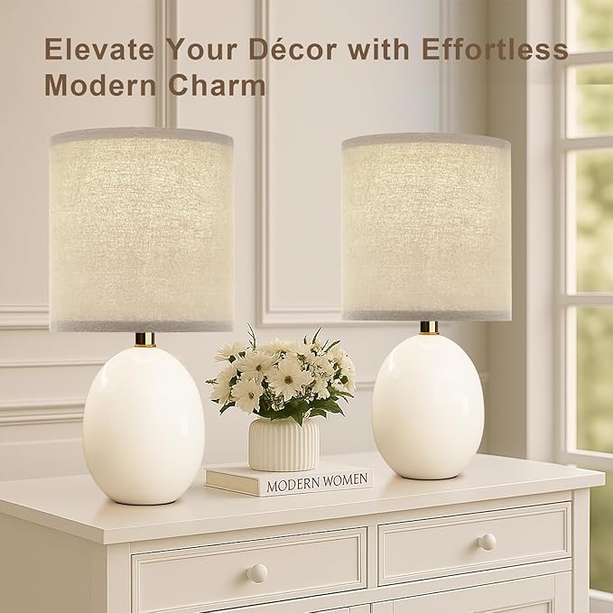 17.3" Table Lamp Set of 2 for Living Room Bedroom, Bedside Lamps for Night Stands, Desk Nightstand Lamp Dimmable, Modern Linen White Ceramic Lamps (White)
