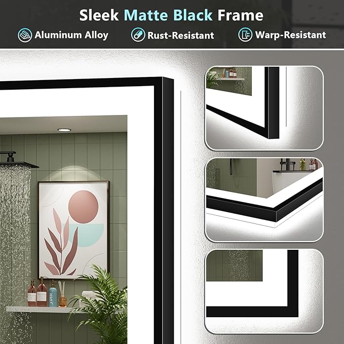 44x36 Inch Black Framed LED Bathroom Mirror with Lights, Backlit & Front Lit, Anti-Fog Lighted Vanity Mirrors for Bathroom Wall, Dimmable, 3-Color Light, Memory, Shatter-Proof, Tempered Glass