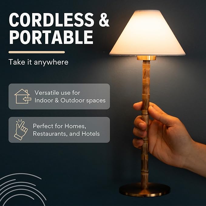 Bamboo Cordless LED Table Lamp – Rechargeable 24-Hour Battery, Dimmable Warm Light, 15" Portable Wireless Lamp with Remote for Indoor/Outdoor Use, Home, Patio, Restaurant – Coastal White