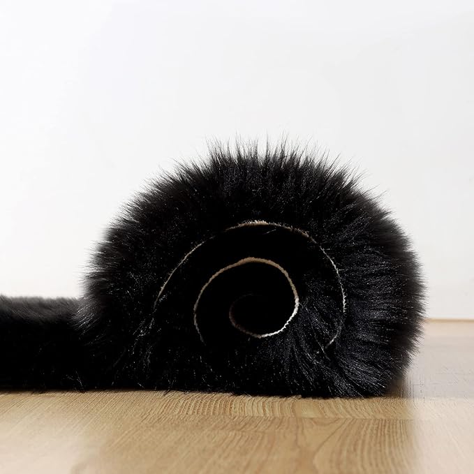 Fluffy Faux Fur Rug Black Sheepskin Area Rug,2x4 Ft Ultra Soft Shaggy Plush Rug for Bedroom Bedside Living Room Nursery Kids Room