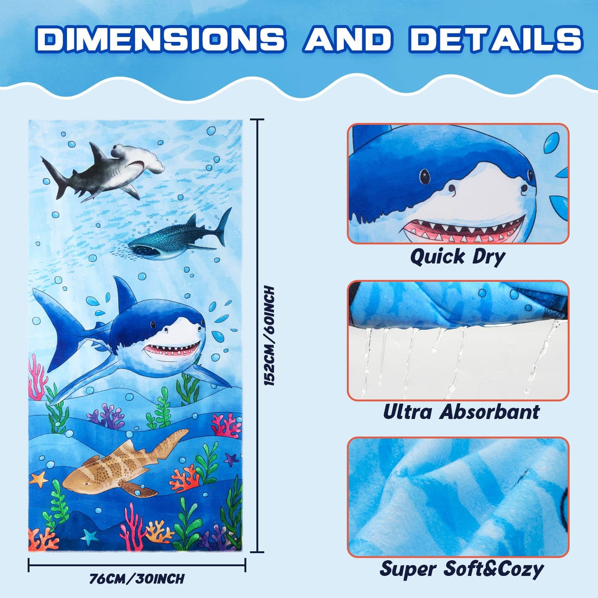 WERNNSAI Shark Kids Beach Towel for Boys - 30” x 60” Quick Dry Sand-Free Swim Towels for Boys Super Soft Absorbent Towel, Pool Camping Travel Bath Towel for Outdoor Sports Picnic