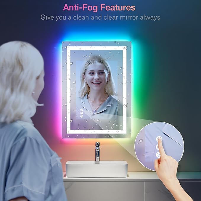 LOAAO 20"X28" LED Bathroom Mirror with Lights, Anti-Fog, Dimmable, RGB Backlit + Front Lighted, Bathroom Vanity Mirror for Wall, Memory Function, Waterproof, Tempered Glass