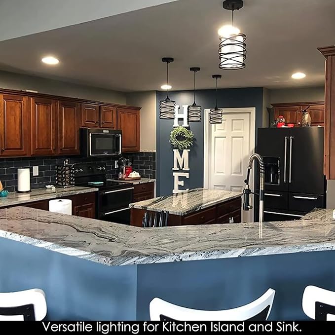 3-Pack Modern Mini Pendant Light Fixture Kitchen Island Pendant Lighting 6.3''Matte Black Spiral Cage and Handblown Frosted Glass Shade Adjustable Cord for Dining Room Hallway Entryway