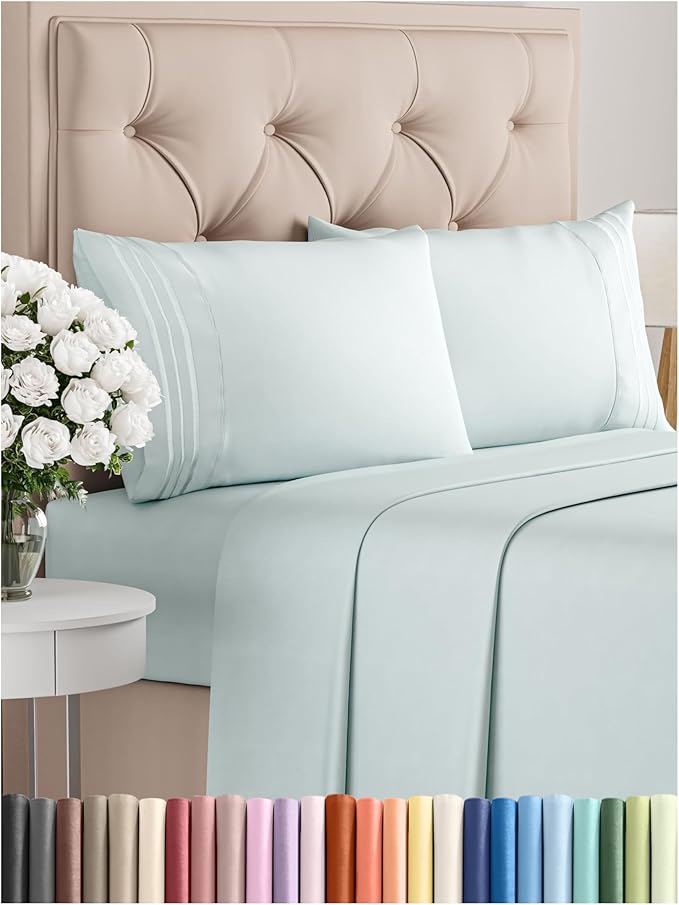 Queen Size 4 Piece Sheet Set - Comfy Breathable & Cooling Bed Sheets Set - Hotel Luxury Bedding for Women, Men, Kids, Teens, Boys & Girls - Deep Pockets, Ultra-Soft, Wrinkle Free - Oeko-Tex - Ice Blue
