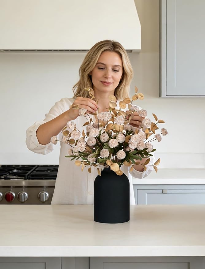 BLOSMON Dining Table Centerpiece Decor: Metal Vase with 12 Stems of Fake Mums Kiku Flower Eucalyptuses for Living Room - Beige Artificial Pom Poms Faux Floral Arrangements in Vase for Home