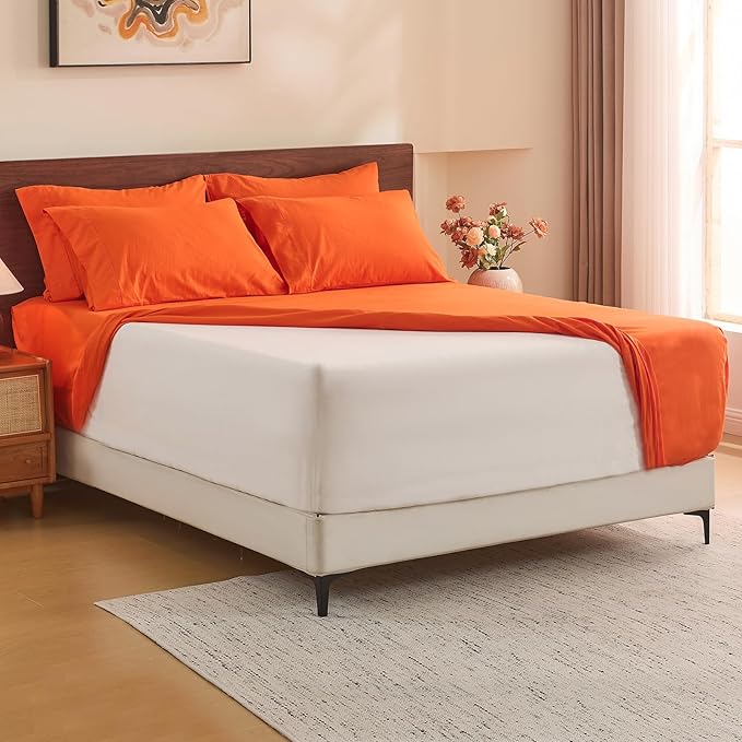 MEISHANG 100% French Pure Linen Sheets King Size - Extra Deep Pocket Sheet Set, Soft Durable Flax Linen, Anti-Tear Breathable & Oeko-Tex Certified 18-24 Deep Pocket,All Season(Orange)