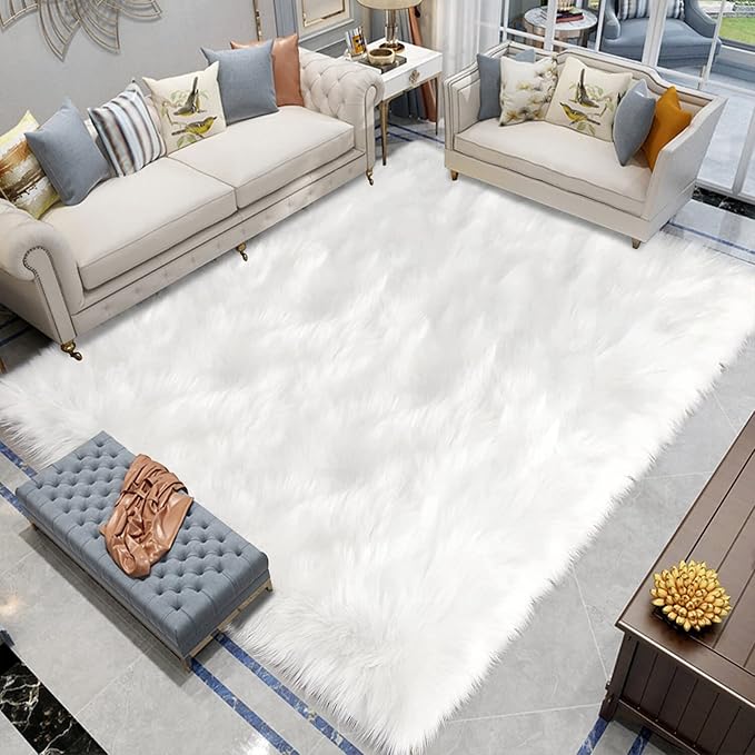 Latepis Large Area Rugs 6.7x10 Big White Faux Sheepskin Fur Rug for Living Room Washable Fluffy Rug for Bedroom High Pile Plush Shaggy Rugs Home Décor Rectangle
