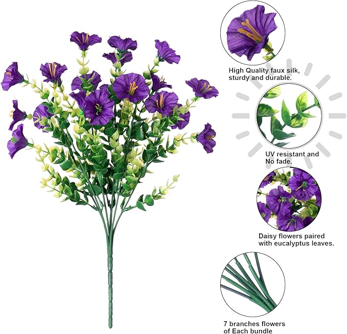 HyeFlora Artificial Flowers for Outdoors Fake Plants Outside Decoration, 12 Bundles Silk Purple Morning Glory with Eucalyptus UV Resistant Look Real Faux Flower for Planter Front Door Porch Patio Yard
