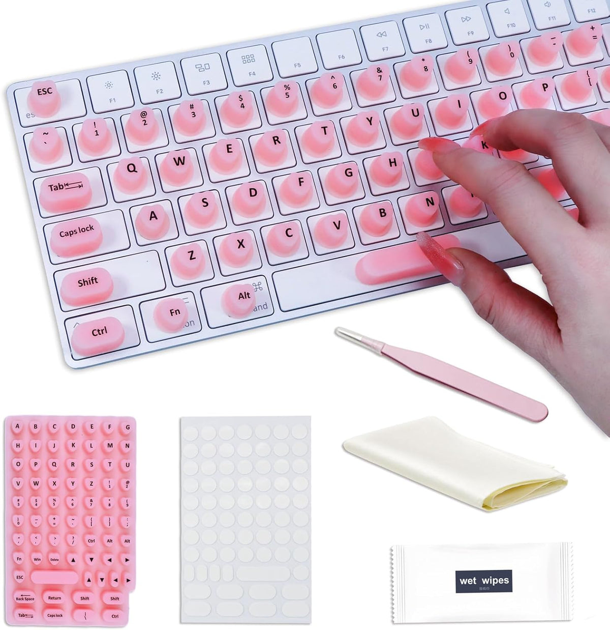 WANTHER (70 Raised Keyboard Stickers for Long Nails with Letters - Heart-Shaped Antistatic Silicone Protective Cover