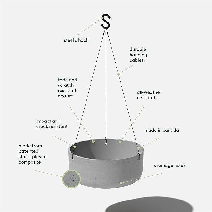 Veradek Mason Series Hanging Kona Planter - Round Planter for Outdoor Balcony/Patio | Made from Plastic-Stone Composite with Hanging Attachment | Modern Décor for, Flowers, Succulents, Small Plants