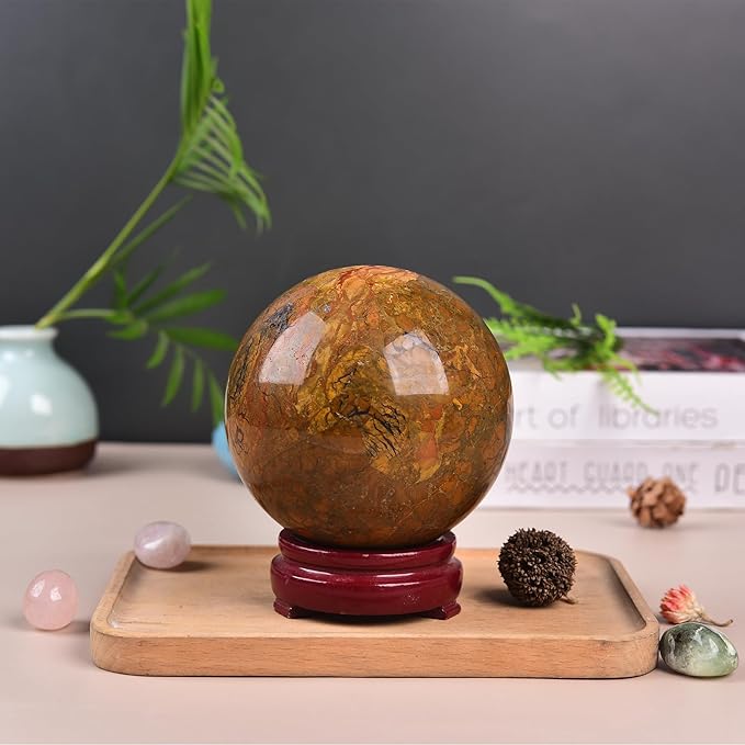 JIC Gem Large Crystal Ball Sphere Yellow Agate Healing Crystal Gemstone Ball with Display Stand Home Decor Meditation Grid Energy Balance (90-100mm)