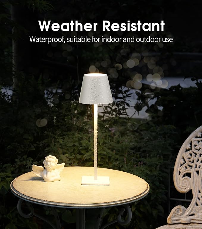 UME Cordless Table Lamp, Battery Operated Lamp - Portable Waterproof Rechargeable Table Lamp w/ 3 Color Temps & Stepless Dimming for Dinner, Desk, Cafe, Outdoor (White)