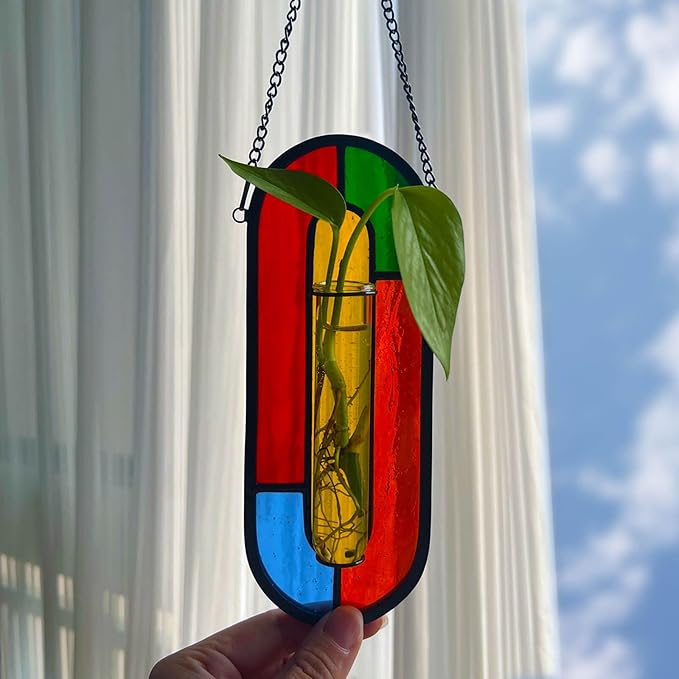 LITMIND Hanging Planter Terrarium with Vibrant Stained Glass Suncatcher Elements, Hydroponic Mini Plants Propagation Station - Perfect for Home & Garden Decor, Includes 2 Glass Propagation Tube
