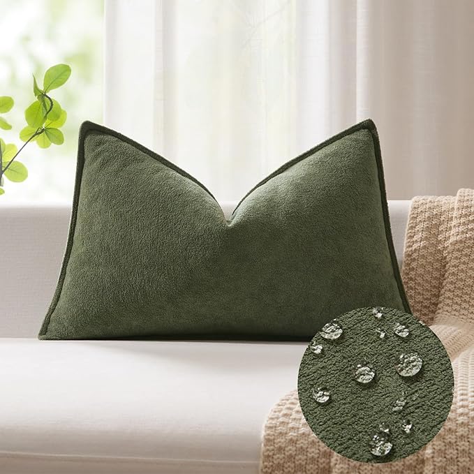Kevin Textile 12x24 Inch Lumbar Pillow Cover 1 Pack Soft Boucle Textured Decorative Waterproof Rectangle Cushion Elegant Accent Pillow for Couch Sofa Chair Bed Home Decor Indoor Outdoor Olive Green
