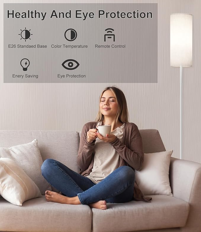 luckystyle LED Floor Lamp for Living Room, Dimmable Standing Lamps with Foot Switch,Remote Custom Color Temperature White Pole Lamp with Lampshade,12W Led Bulb Tall Lamps for Bedroom Office Kid Room