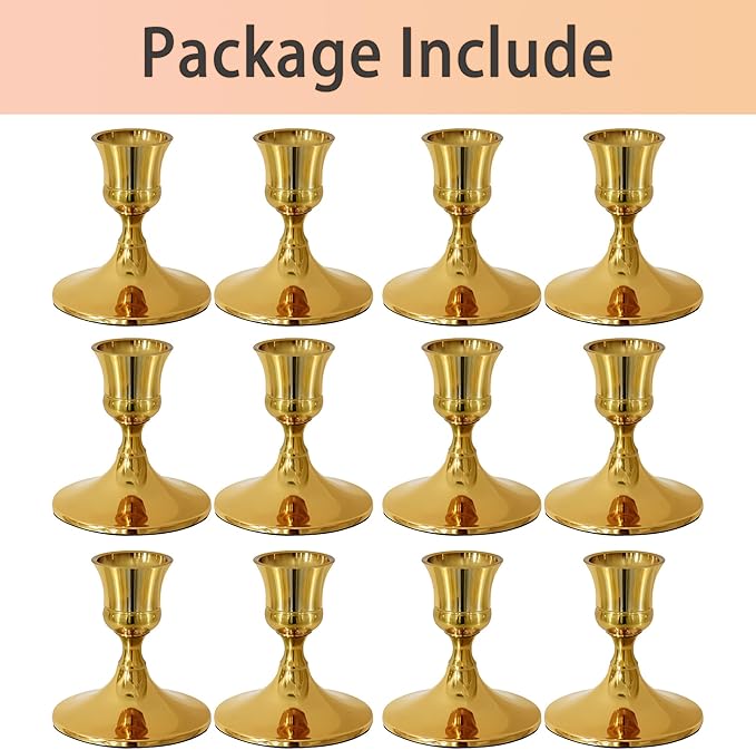Vintage Gold Taper Candle Holders, Set of 12, Metal Taper Candlestick Holder for Dinner Room Table Centerpiece, Wedding Reception, Festive,Mantel Decoration, Home Decor (Titanium Gold)
