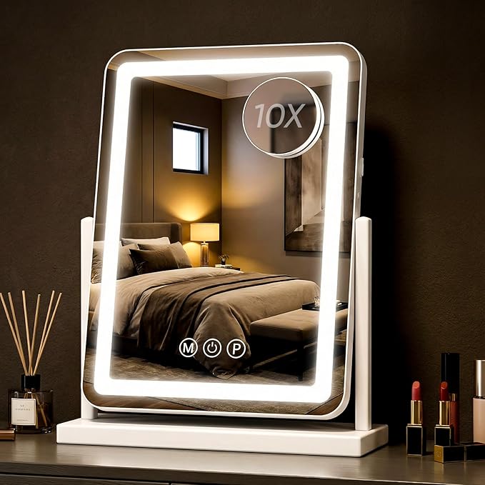 Antok Vanity Mirror with Lights, 14"X18" Lighted Makeup Mirror, Smart Touch, 3 Color Modes and Brightness Adjustable, LED Vanity Mirror with Detachable 10X Magnification, 360° Rotation for Makeup Desk