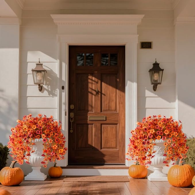 INQCMY Artificial Fall Flowers for Outdoors Fake Mums Hanging Flowers Plants 2Pcs UV Resistant Faux Flowers for Porch Patio Outdoor Decor Home Decor (Orange Autumn Red)