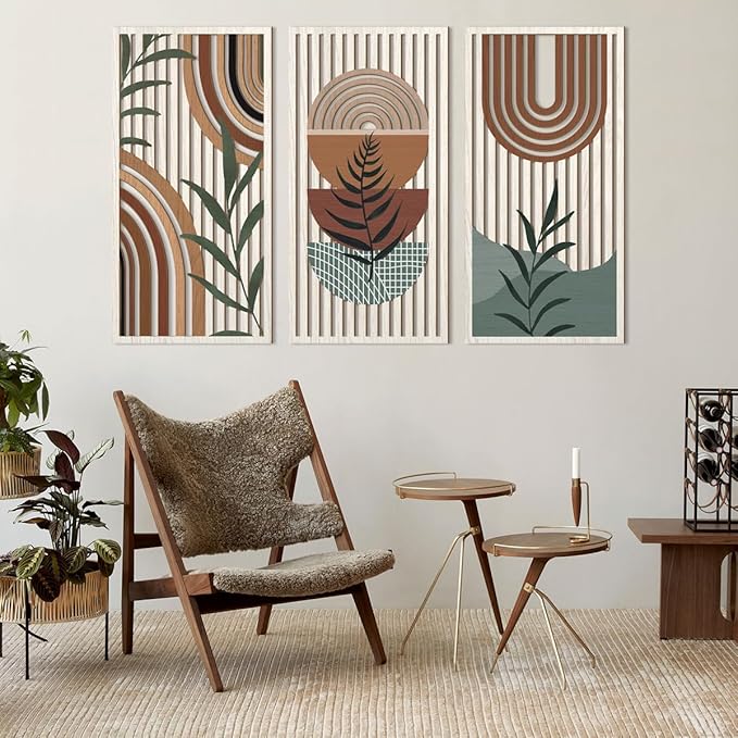 IARTTOP Large Abstract Geometric Wood Boho Wall Art Boho Wall Decor Set Mid Century Modern Wooden Wall Decor Bohemian Wall Art For Bedroom Living Room Office 16"x32"