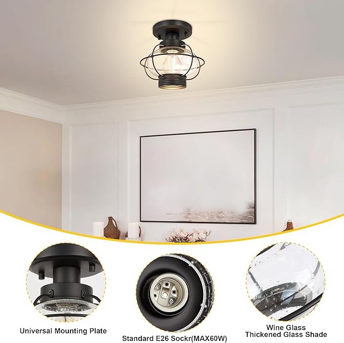 Porch Ceiling Light Fixture, Outdoor Flush Mount Ceiling Light with Glass Globe Shade, E26 Standard Base Industrial Farmhouse Lamp for Hallway Bedroom Balcony Porch Stairway