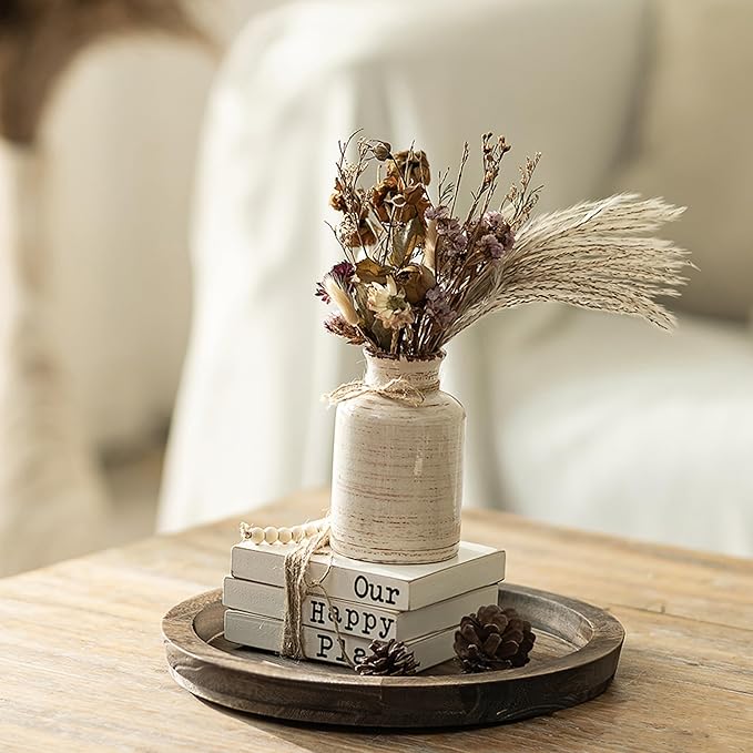 Hanobe Candle Plate Holder Tray: Round Wood Decorative Candle Plate - Rustic Farmhouse CoffeeTable Decor - Tealight Pillar Trays for Home Decor (Distressed)