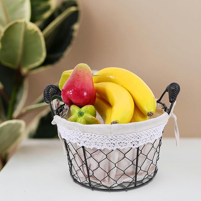 Metal Wire Storage Basket with Handle and Fabric Liner Round Rustic Bread and Candy Basket for Table Fruit Organizer for Home Decor