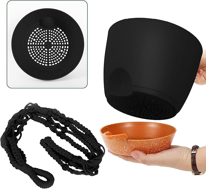 GARDIFE 8 Inch Hanging Planters with Macrame Plant Hanger for Indoor and Outdoor Plants, 2 Pack Large Self Watering Hanging Plant Pot with Basket Flower Pot with Drainage Hole, Black