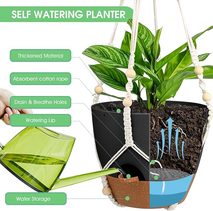 Hanging Planters for Indoor Outdoor Plants, 2 Pack Self Watering Hanging Pot with Drainage Holes, Removable Tray & 2 Kinds of Plant Hangers, 10'' Hanging Flower Pots for Home Garden Decor, Black
