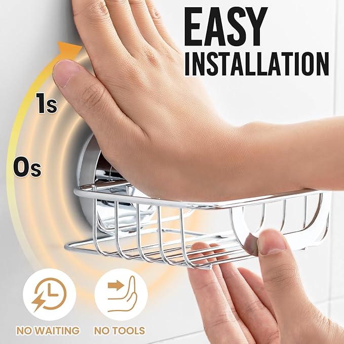 LEVERLOC Bar Soap Holder Dish with Hooks, Soap Tray Suction Cup Wall Mounted for Shower, Stainless Steel Sponge Holder Caddy for Bathroom Kitchen Sink Organizer, Rustproof, Silver