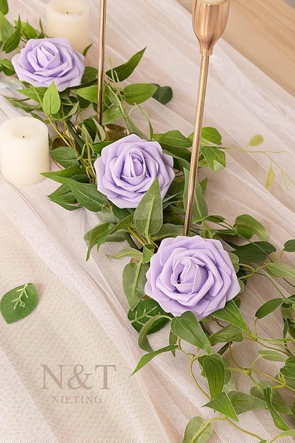 N&T NIETING Purple Artificial Flowers, 25pcs Artificial Flowers Bulk Fake Flowers Roses with Stem for DIY Wedding Bridal Bouquet Baby Shower Home Decoration, Lavender