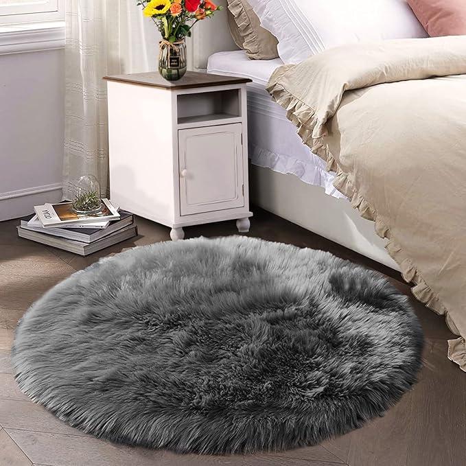 Latepis Round Area Rugs Dark Gray 6.7ft Faux Sheepskin Fur Circle Rug for Living Room Bedroom Fluffy Shaggy Furry Rug Room Decor