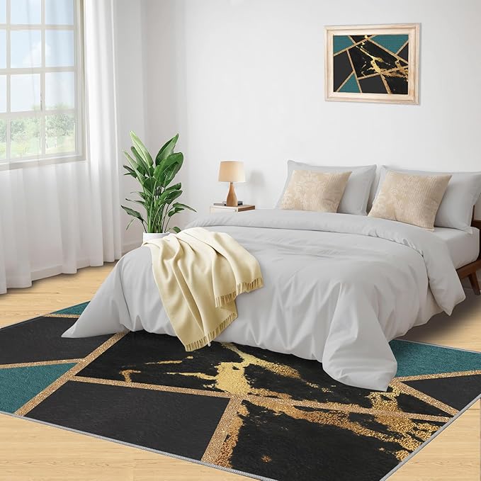 Black Gold Marble Area Rugs Emerald Green Abstract Marble Carpet Medieval Geometry Area Rug Indoor Non-Slip Carpet Golden Geometric Lines Rugs for Bedroom 6x9ft