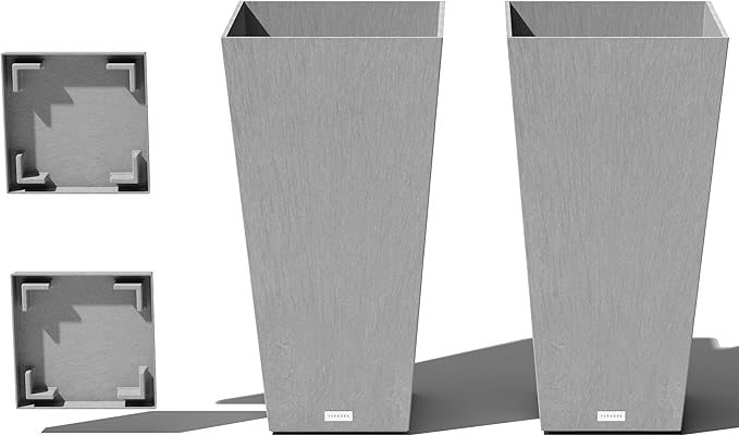 Veradek V-Resin Indoor/Outdoor Taper Planter (Gray, 30 inch - 2 Pack with 2 Saucer Trays)