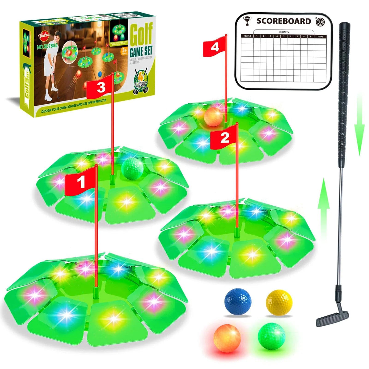 VATOS Light up Golf Putting Game Set - Glow Mini Golf Toy with 4 LED Holes, 4 Balls(2 Glow), Extendable Putter,Build Your Own Course at Home Indoor Outdoor Family Fun Golf Gifts for Kids Adults Golfer
