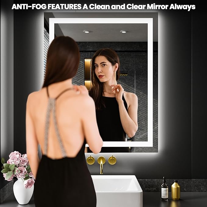 LOAAO 28X36 LED Bathroom Mirror with Lights, Anti-Fog, Dimmable, Backlit + Front Lit, Lighted Bathroom Vanity Mirror for Wall, Memory Function, Tempered Glass, Safe to Use, ETL Listed