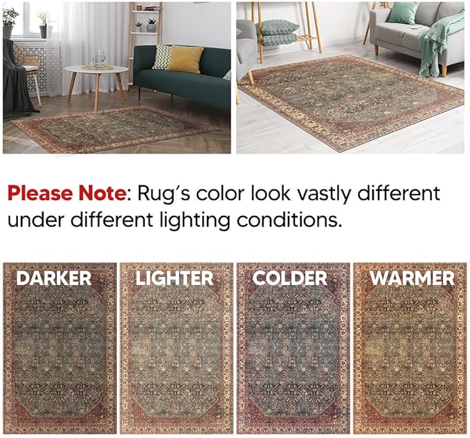 Keen Home Design 8x10 Rug - Machine Washable Area Rug with Non-Slip Backing, Ideal for Living Room, Dining Room, Bedroom - Vintage, Easy Clean, Durable, Low Pile Rug - (8' x 10')
