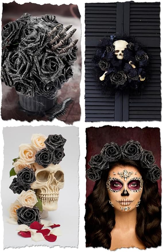 N&T NIETING Artificial Flowers Glowing Black Flowers Foam 50pcs Glitter Roses Real Looking Fake Roses with Stem for DIY Wedding Bouquets Centerpieces Bridal Shower Party Home Decorations
