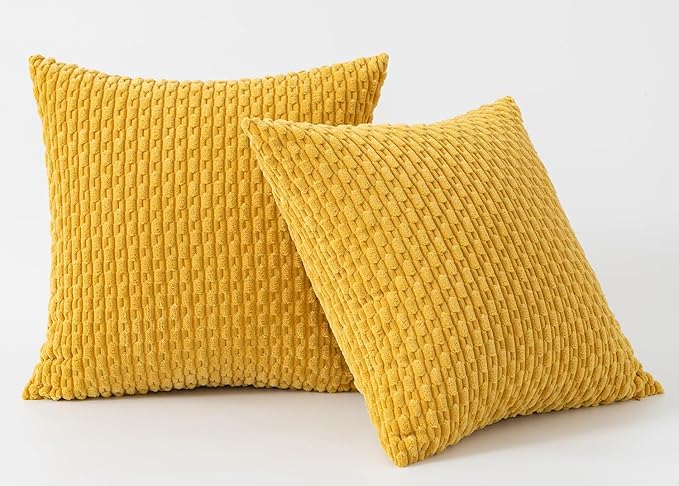 Kevin Textile Throw Pillow Covers Soft Corduroy Decorative Set of 2 Boho Striped Pillow Covers Pillowcases Farmhouse Home Decor for Couch Bed Sofa Living Room 16x16 Inch Mustard Yellow