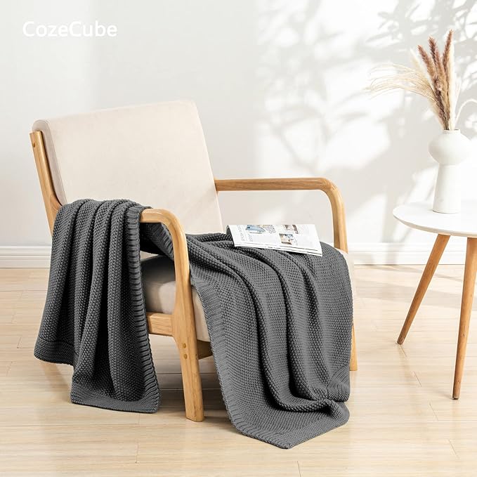 CozeCube Dark Grey Throw Blanket for Couch, Soft Cozy Cable Knit Throw for Bed Sofa Living Room, Lightweight Warm Decorative Farmhouse Christmas Blanket, 60"x80", Charcoal Grey