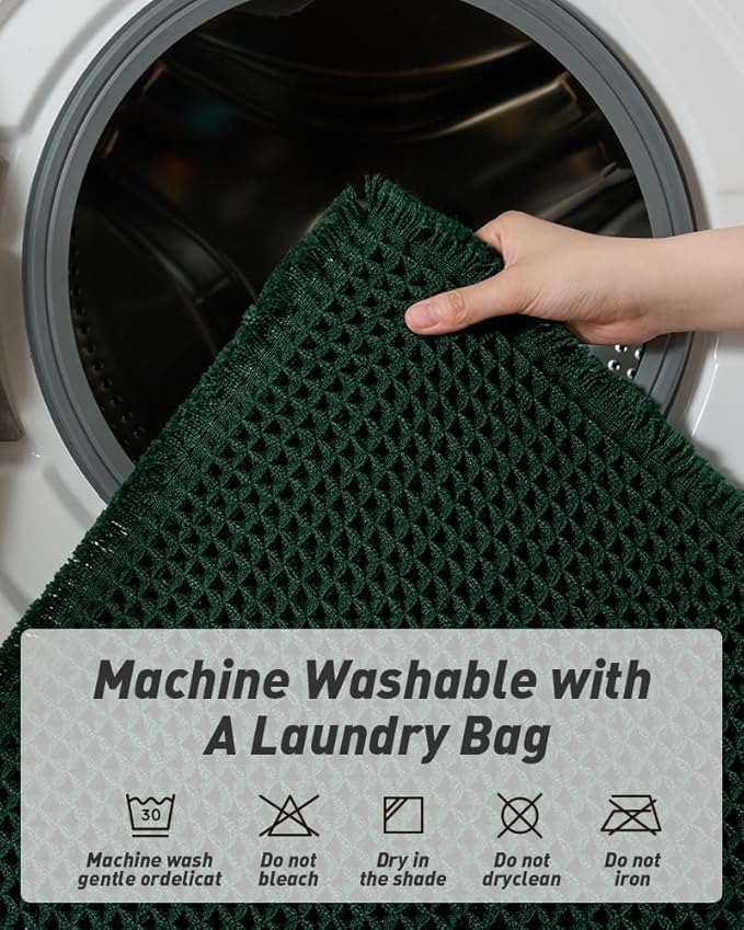 AMOAMI Upgraded Waffle Bath Mat, Super Absorbent Non Slip Bath Mats for Bathroom Floor, Machine Washable Bathroom Rugs with Tassels, Rubber Backed Bathroom Mats, Ultra Soft, 20" x 32", Dark Green
